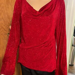 XSCAPE Red Sparkly Cowl Neck Top Size L